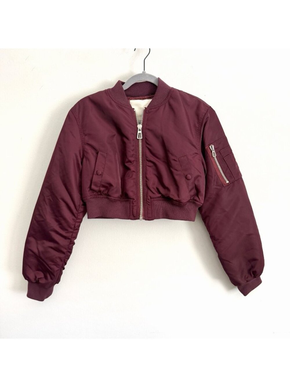 FRAME Denim Cropped Nylon Bomber Zip Jacket in Cabernet Burgundy Women’s Small